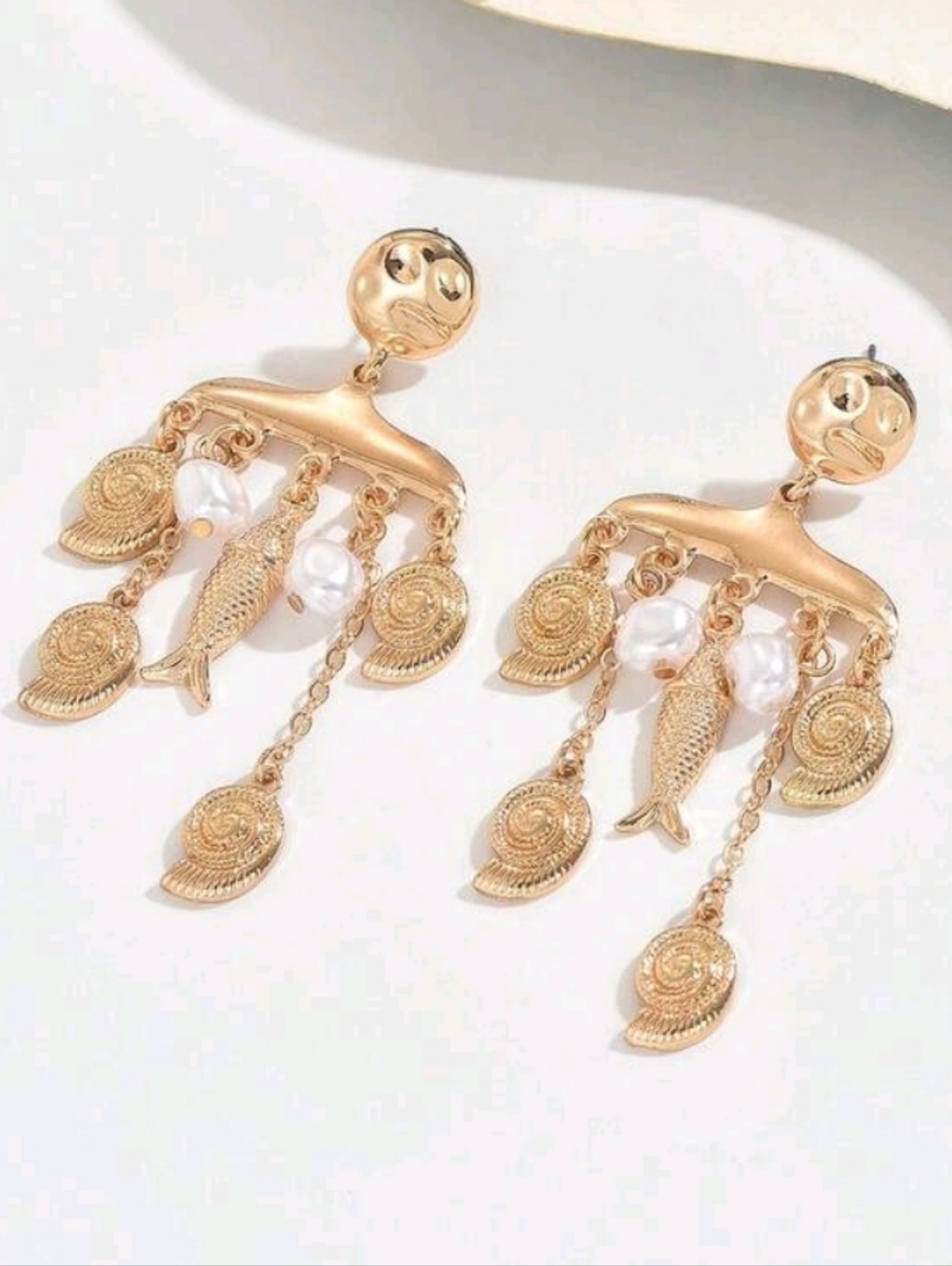 NEW! 14K Gold Plated Sealife & Pearl Dangle Earrings - Women Jewelry - Picture 2 of 5